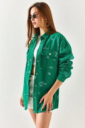 Женская хлопковая куртка-рубашка оверсайз с карманами травяного цвета и вышивкой CKT-19000347