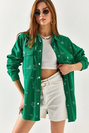 Женская хлопковая куртка-рубашка оверсайз с карманами травяного цвета и вышивкой CKT-19000347