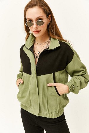 Женская куртка из мягкого текстурированного хлопка с цветными блоками цвета хаки и карманами CKT-19000363