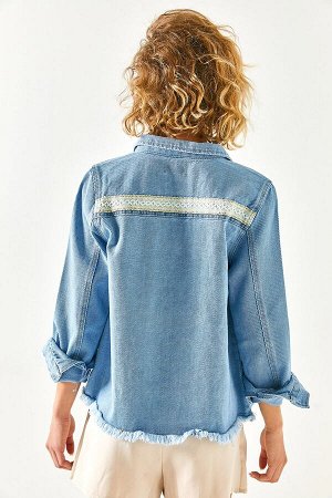 Женская синяя джинсовая куртка-рубашка на пуговицах с украшением CKT-19000350