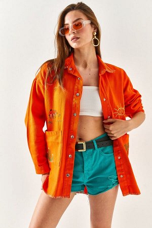Женская оранжевая хлопковая куртка-рубашка оверсайз с вышивкой и вышивкой CKT-19000346