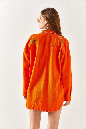 Женская оранжевая хлопковая куртка-рубашка оверсайз с вышивкой и вышивкой CKT-19000346