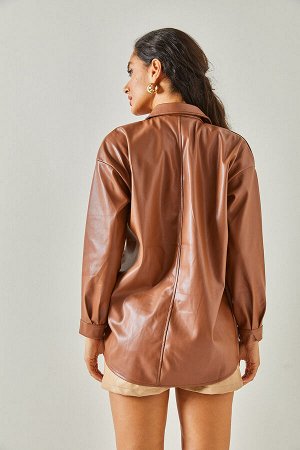 Женская коричневая куртка из искусственной кожи с одним карманом и мехом внутри CKT-19000361