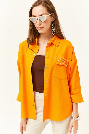 Женская оранжевая куртка из хлопкового габардина с карманами и камнями CKT-19000364