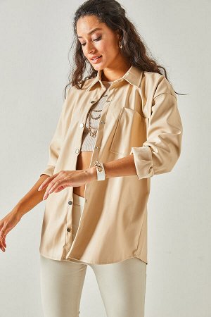 Женская бежевая куртка из искусственной кожи с одним карманом и мехом внутри CKT-19000361