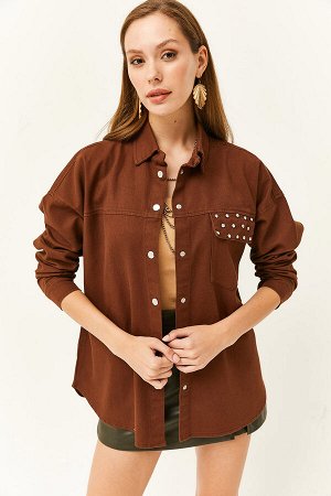 Женская куртка из хлопкового габардина с карманами и камнями горького кофе CKT-19000364