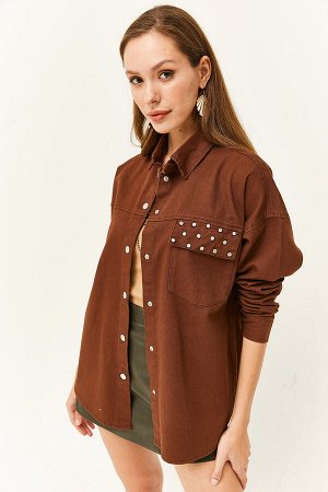 Женская куртка из хлопкового габардина с карманами и камнями горького кофе CKT-19000364