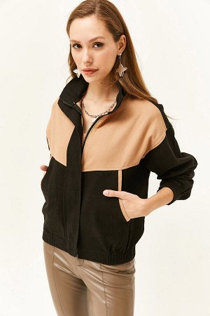 Женская коричневая куртка из мягкого текстурированного хлопка с карманами и цветными блоками CKT-19000363