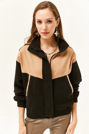 Женская коричневая куртка из мягкого текстурированного хлопка с карманами и цветными блоками CKT-19000363