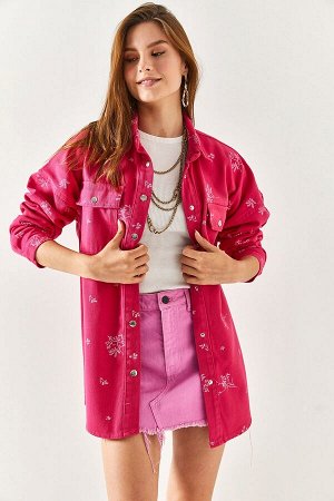 Женская хлопковая куртка-рубашка оверсайз с вышитыми карманами фуксии CKT-19000347