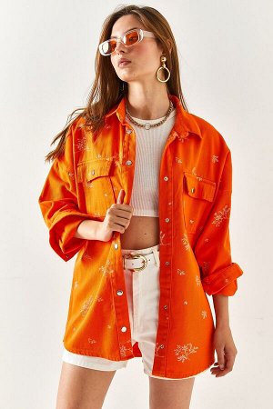 Женская оранжевая куртка-рубашка оверсайз из хлопка с вышитыми карманами CKT-19000347