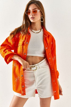 Женская оранжевая куртка-рубашка оверсайз из хлопка с вышитыми карманами CKT-19000347