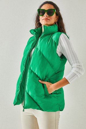 Женский пуховик травяного цвета с карманами и шнурком YLK-19000021