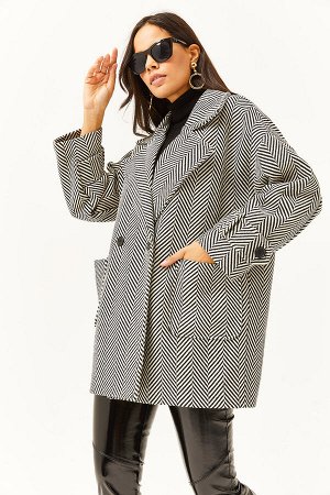 Женское черное пальто оверсайз с узором «елочка» на подкладке и карманах KBN-19000010