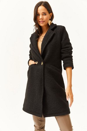 Черное женское пальто букле на пуговицах и карманах на подкладке KBN-19000009