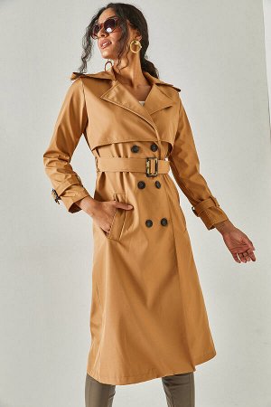 Женский тренч светло-коричневого цвета с карманами и пуговицами на поясе TRC-00000006
