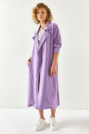 Женский фиолетовый тканый плащ с поясом и карманами на одной пуговице TRC-00000004