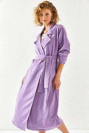 Женский фиолетовый тканый плащ с поясом и карманами на одной пуговице TRC-00000004