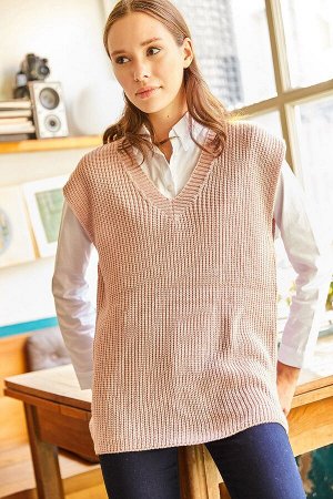 Женский пудровый вязаный свитер с V-образным вырезом Салоники SVT-00000010