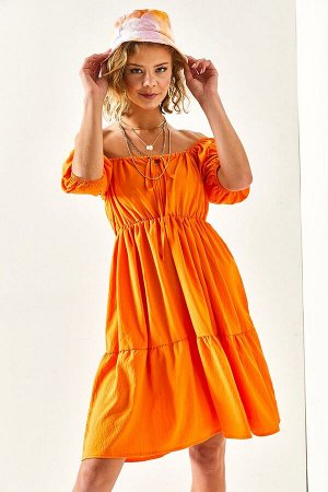 Женское оранжевое мини-платье с эластичной резинкой на талии и шнуровкой с воротником «кармен» ELB-19001958