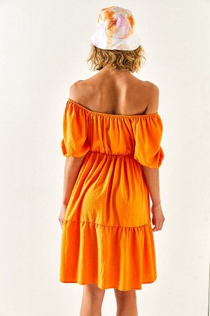 Женское оранжевое мини-платье с эластичной резинкой на талии и шнуровкой с воротником «кармен» ELB-19001958