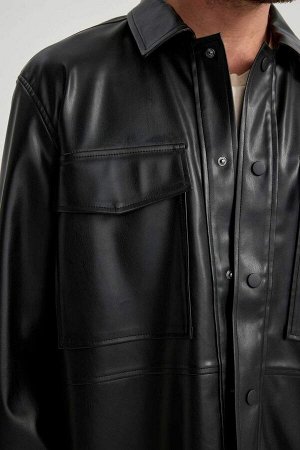 Кожаная куртка-рубашка с длинными рукавами и воротником-поло Relax Fit