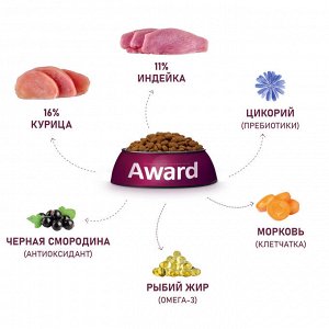 Сухой корм AWARD для взрослых собак средних пород с индейкой и курицей с добавлением моркови и черной смородины 2кг