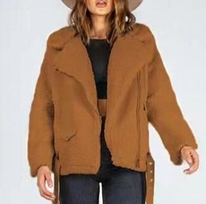 Куртка-косуха искусственный мех барашка с поясом двубортная на молнии ,коричневая