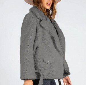 Куртка-косуха искусственный мех барашка с поясом двубортная на молнии ,серая