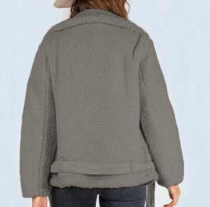 Куртка-косуха искусственный мех барашка с поясом двубортная на молнии ,серая