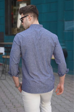 Мужская темно-синяя льняная однотонная рубашка с длинным рукавом 5548