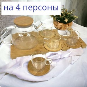 Набор чайный 6 предметов, чайник 1000 мл, чашка 140 мл, стекло, бамбук