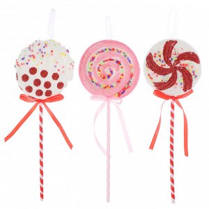 СНОУ БУМ Подвеска декоративная в виде конфеты - леденца на палочке, 10x2x27 см, 3 цвета