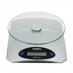LEBEN Весы кухонные электронные, нагрузка до 5 кг, пластик, стекло, 20x15x4,5 см
