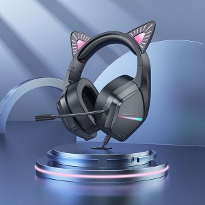 NEW ! Проводные игровые наушники BOROFONE BO16 Cute Cat кошачьи ушки с микрофоном, раздельные коннекторы 3.5мм / USB, кабель 2м RGB подсветка