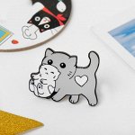 Значок &quot;Кошка с котёнком&quot;, цвет серо-белый в чёрном металле