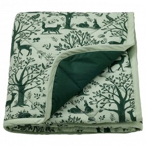 TROLLDOM, Cтеганое одеяло с рисунком лесных животных / зеленое, 96x96 см