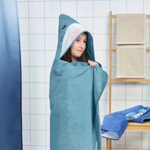 IKEA BLÅVINGAD, Полотенце с капюшоном, в форме акулы /сине-серое, 70x140 см