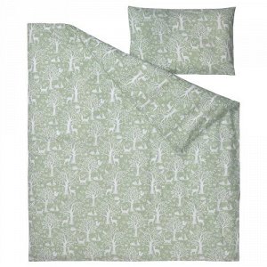 TROLLDOM, Пододеяльник, 1 наволочка для детской кроватки, с рисунком лесных животных/зеленая, 110x125/35x55 см,