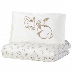 RÖDHAKE, Пододеяльник, 1 наволочка для детской кроватки, с рисунком кролика/белый/бежевый, 110x125/35x55 см