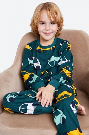 Happy Fox Хлопковая пижама для мальчика изумрудного цвета с принтом машинок