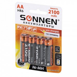 Батарейки аккумуляторные Ni-Mh пальчиковые КОМПЛЕКТ 4 шт., АА (HR6) 2100 mAh, SONNEN, 455606