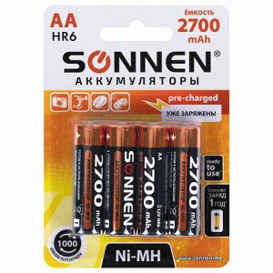 Батарейки аккумуляторные Ni-Mh пальчиковые КОМПЛЕКТ 4 шт., АА (HR6) 2700 mAh, SONNEN, 455607