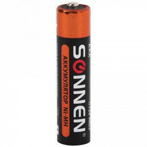 Батарейки аккумуляторные Ni-Mh мизинчиковые КОМПЛЕКТ 4 шт., AAA (HR03) 650 mAh, SONNEN