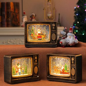 Новогодний светильник Телевизор с подсветкой и снегом для украшения дома