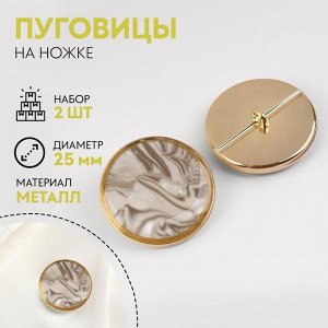 Пуговицы на ножке, металлические, d=25 мм, набор 2 шт., цвет золотой, серый агат