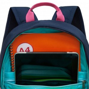 Рюкзак школьный GRIZZLY с карманом для ноутбука 13", жесткой спинкой, двумя отделениями, для девочки синий кошки