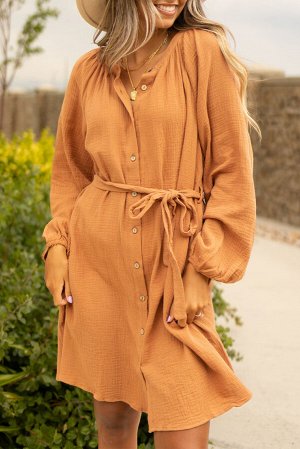 Оранжевое платье-рубашка из вафельного трикотажа с поясом на талии