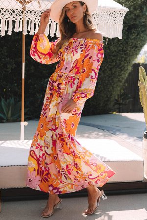 Оранжевое платье с флористическим принтом и открытыми плечами в стиле Бохо
