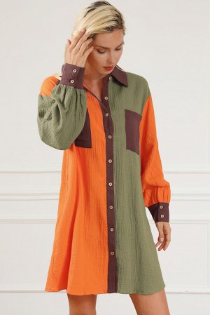 Оранжево-зеленое платье-рубашка с контрастной отделкой и карманами